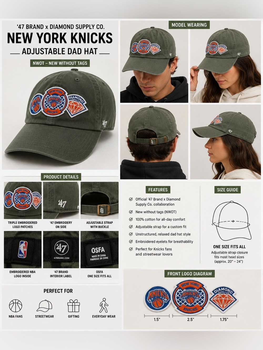 NWOT '47 Brand x Diamond Supply Co. NY Green Adjustable Dad Hat NBA